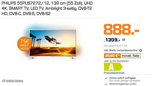 PHILIPS 55PUS7272/12, 139 cm (55 Zoll), UHD 4K, SMART TV - jetzt 42% billiger