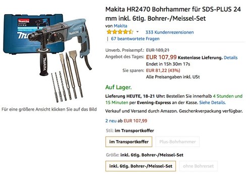 Makita HR2470 Bohrhammer für SDS-PLUS 24 mm inkl. 6tlg. Bohrer-/Meissel-Set - jetzt 18% billiger