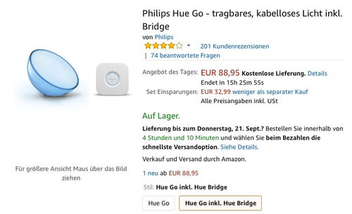 Philips Hue Go - tragbares, kabelloses Licht inkl. Bridge - jetzt 33% billiger Philips Hue Go - tragbares, kabelloses Licht inkl. Bridge - jetzt 33% billiger