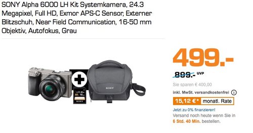 Sony Alpha 6000 Systemkamera (24 Megapixel, 7,6 cm (3") LCD-Display, Exmor APS-C Sensor) inkl. SEL-P1650 Objektiv - jetzt 11% billiger Sony Alpha 6000 Systemkamera (24 Megapixel, 7,6 cm (3") LCD-Display, Exmor APS-C Sensor) inkl. SEL-P1650 Objektiv - jetzt 11% billiger