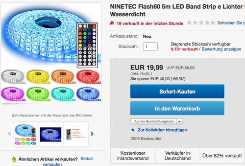 NINETEC Flash60 5m 5050 RGB SMD LED Strip Leiste Streifen 60 LED pro Meter - jetzt 29% billiger
