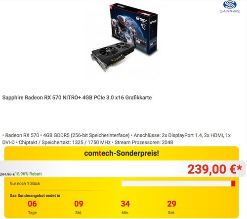 Sapphire Radeon RX 570 NITRO+ 4GB - jetzt 16% billiger