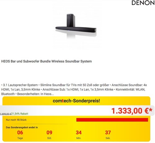 DENON HEOS Bar und Subwoofer Bundle Wireless Soundbar System - jetzt 21% billiger DENON HEOS Bar und Subwoofer Bundle Wireless Soundbar System - jetzt 21% billiger