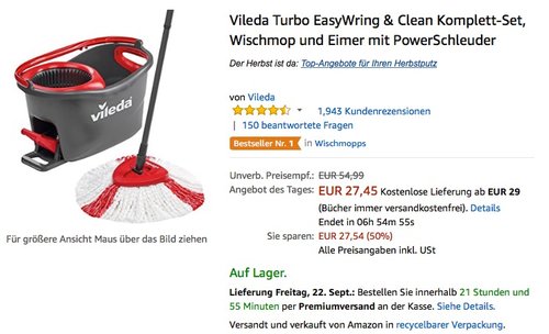 Vileda Turbo EasyWring & Clean Komplett-Set, Wischmop und Eimer mit PowerSchleuder - jetzt 28% billiger Vileda Turbo EasyWring & Clean Komplett-Set, Wischmop und Eimer mit PowerSchleuder - jetzt 28% billiger