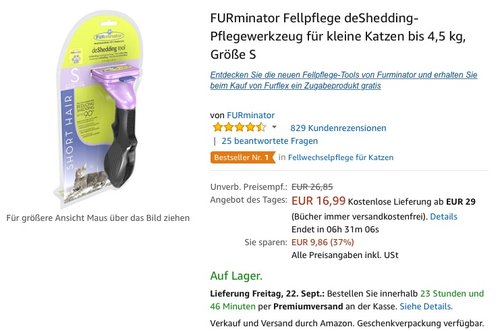 FURminator Fellpflege deShedding-Pflegewerkzeug für kleine Katzen bis 4,5 kg, Größe S - jetzt 35% billiger