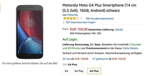 Motorola Moto G4 Plus Smartphone (14 cm (5,5 Zoll), 16GB, Android) schwarz - jetzt 6% billiger