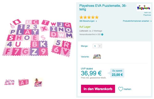 Playshoes 308746 - Puzzleteppich Zahlen, pastell, 36 teilig - jetzt 16% billiger