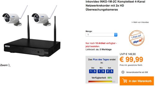 Inkovideo INKO-1M-2C Komplettset 4-Kanal Netzwerkrekorder mit 2x HD Überwachungskameras  - jetzt 17% billiger Inkovideo INKO-1M-2C Komplettset 4-Kanal Netzwerkrekorder mit 2x HD Überwachungskameras  - jetzt 17% billiger