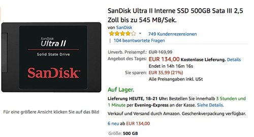 SanDisk Ultra II Interne SSD 500GB Sata III 2,5 Zoll bis zu 545 MB/Sek. - jetzt 14% billiger SanDisk Ultra II Interne SSD 500GB Sata III 2,5 Zoll bis zu 545 MB/Sek. - jetzt 14% billiger