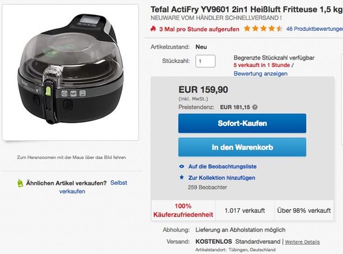 Tefal ActiFry YV960130 2in1 Heißluft-Fritteuse - jetzt 6% billiger Tefal ActiFry YV960130 2in1 Heißluft-Fritteuse - jetzt 6% billiger