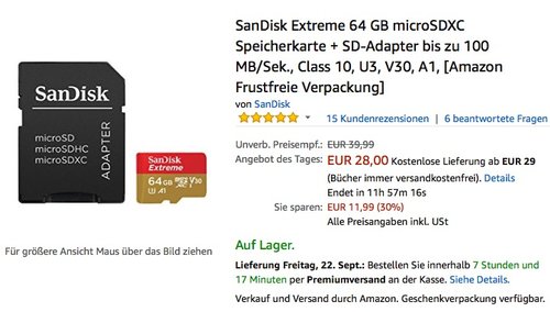 SanDisk Extreme 64 GB microSDXC Speicherkarte + SD-Adapter - jetzt 24% billiger