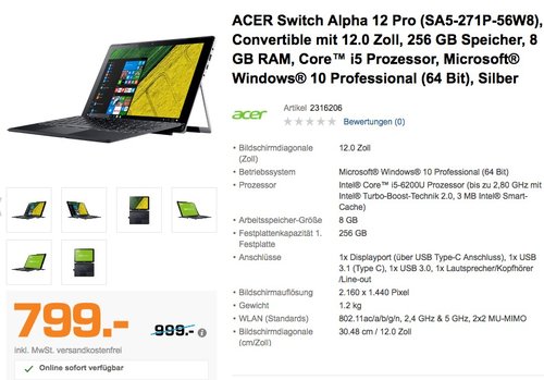 ACER Switch Alpha 12 Pro (SA5-271P-56W8), Convertible mit 12.0 Zoll, 256 GB Speicher, 8 GB RAM, Core i5 Prozessor -6200U - jetzt 20% billiger ACER Switch Alpha 12 Pro (SA5-271P-56W8), Convertible mit 12.0 Zoll, 256 GB Speicher, 8 GB RAM, Core i5 Prozessor -6200U - jetzt 20% billiger