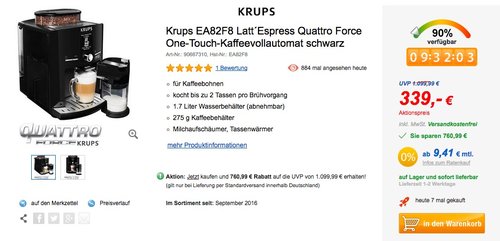 Krups EA82F8 Kaffeevollautomat Latt'Espress Quattro Force - jetzt 8% billiger Krups EA82F8 Kaffeevollautomat Latt'Espress Quattro Force - jetzt 8% billiger