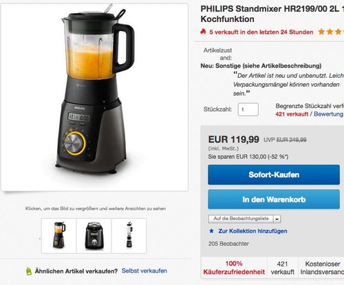 Philips HR2199/00 Hochleistungsmixer mit 32.000 U/min - jetzt 45% billiger