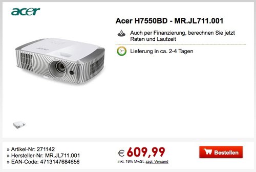 Acer H7550BD DLP Projektor (Full HD 1920 x 1080 Pixel, 3.000 ANSI Lumen, Kontrast 16.000:1, 3D) - jetzt 7% billiger Acer H7550BD DLP Projektor (Full HD 1920 x 1080 Pixel, 3.000 ANSI Lumen, Kontrast 16.000:1, 3D) - jetzt 7% billiger