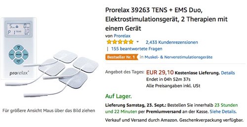 Prorelax 39263 TENS + EMS Duo, Elektrostimulationsgerät, 2 Therapien mit einem Gerät - jetzt 25% billiger Prorelax 39263 TENS + EMS Duo, Elektrostimulationsgerät, 2 Therapien mit einem Gerät - jetzt 25% billiger