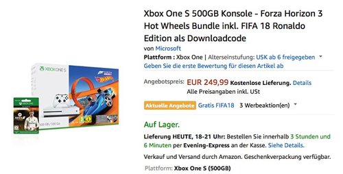 Xbox One S 500GB Konsole - Forza Horizon 3 Hot Wheels Bundle inkl. FIFA 18 Ronaldo Edition als Downloadcode - jetzt 13% billiger