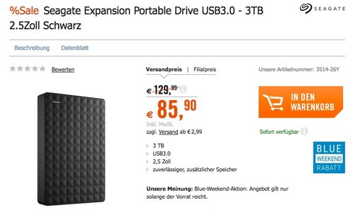 Seagate Expansion Portable, 3TB, externe tragbare Festplatte, USB 3.0 - jetzt 16% billiger