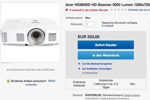 Acer H5380BD DLP Projektor (WXGA 1280 x 720 Pixel, 3.000 ANSI Lumen, Kontrast 13.000:1, 3D - jetzt 19% billiger Acer H5380BD DLP Projektor (WXGA 1280 x 720 Pixel, 3.000 ANSI Lumen, Kontrast 13.000:1, 3D - jetzt 19% billiger