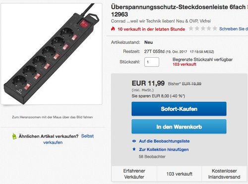 Renkforce Überspannungsschutz-Steckdosenleiste 6fach  - jetzt 36% billiger