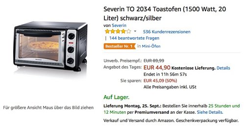 Severin TO 2034 Toastofen (1500 Watt, 20 Liter) schwarz/silber - jetzt 18% billiger