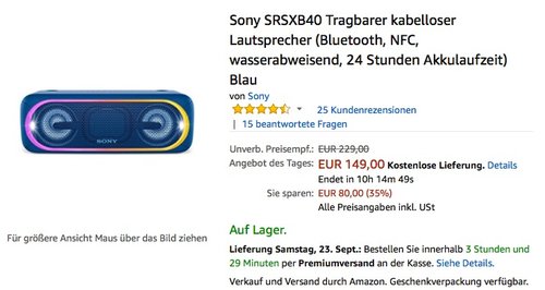 Sony SRSXB40 Tragbarer kabelloser Lautsprecher - jetzt 19% billiger Sony SRSXB40 Tragbarer kabelloser Lautsprecher - jetzt 19% billiger