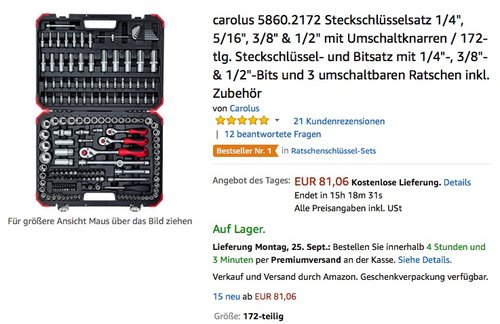 carolus 5860.2172 Steckschlüsselsatz 1/4", 5/16", 3/8" & 1/2" mit Umschaltknarren / 172-tlg. - jetzt 9% billiger