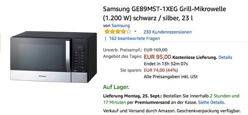 Samsung GE89MST-1XEG Grill-Mikrowelle (1.200 W) schwarz / silber, 23 l - jetzt 9% billiger Samsung GE89MST-1XEG Grill-Mikrowelle (1.200 W) schwarz / silber, 23 l - jetzt 9% billiger