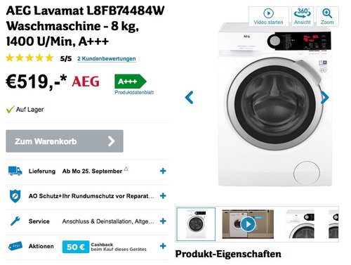 AEG Lavamat L8FB74484W Waschmaschine - jetzt 10% billiger