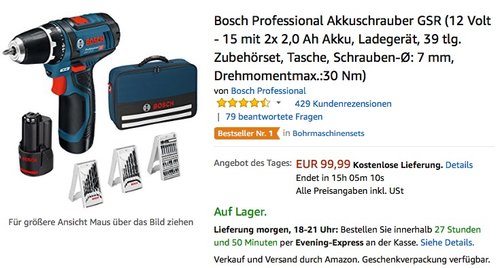 Bosch Professional Akkuschrauber GSR (12 Volt - 15 mit 2x 2,0 Ah Akku, Ladegerät, 39 tlg. Zubehörset) - jetzt 16% billiger
