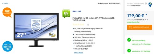 Philips 273V5LHSB/00 68,6 cm (27 Zoll) Monitor (VGA, HDMI, 1920 x 1080, 60 Hz) schwarz - jetzt 19% billiger Philips 273V5LHSB/00 68,6 cm (27 Zoll) Monitor (VGA, HDMI, 1920 x 1080, 60 Hz) schwarz - jetzt 19% billiger