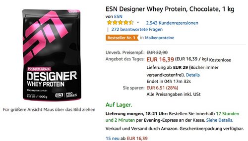 ESN Designer Whey Protein, Chocolate, 1 kg - jetzt 24% billiger ESN Designer Whey Protein, Chocolate, 1 kg - jetzt 24% billiger