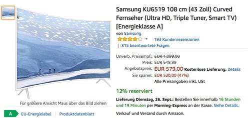 Samsung KU6519 108 cm (43 Zoll) Curved Fernseher - jetzt 14% billiger Samsung KU6519 108 cm (43 Zoll) Curved Fernseher - jetzt 14% billiger