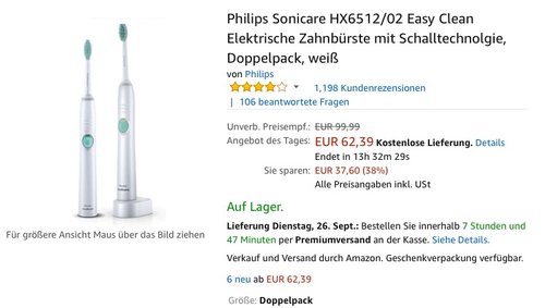 Philips Sonicare HX6512/02 Easy Clean Elektrische Zahnbürste mit Schalltechnolgie, Doppelpack - jetzt 16% billiger Philips Sonicare HX6512/02 Easy Clean Elektrische Zahnbürste mit Schalltechnolgie, Doppelpack - jetzt 16% billiger