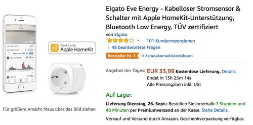 Elgato Eve Energy - Kabelloser Stromsensor & Schalter mit Apple HomeKit-Unterstützung - jetzt 18% billiger