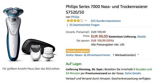 Philips Series 7000 Nass- und Trockenrasierer S7520/50 - jetzt 16% billiger Philips Series 7000 Nass- und Trockenrasierer S7520/50 - jetzt 16% billiger