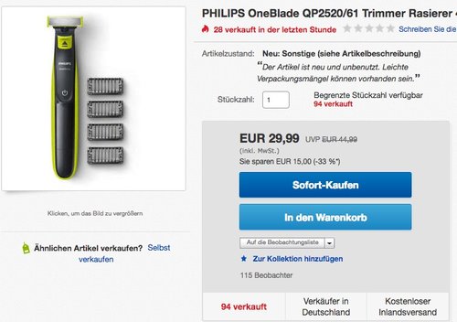 PHILIPS OneBlade QP2520/61 Trimmer Rasierer - jetzt 29% billiger PHILIPS OneBlade QP2520/61 Trimmer Rasierer - jetzt 29% billiger