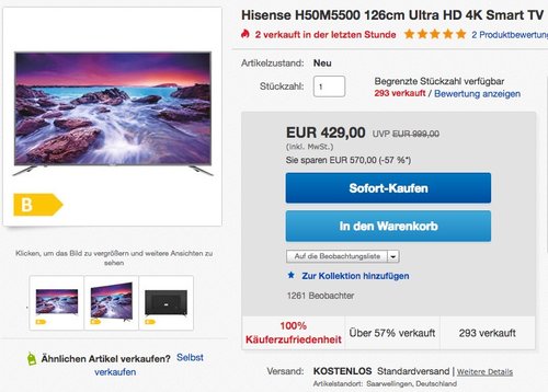 Hisense H50M5500 126 cm ( (50 Zoll Display) 4K Fernseher - jetzt 14% billiger