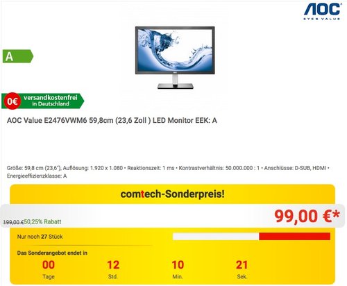 AOC E2476VWM6 59,9 cm (23,6 Zoll) Monitor - jetzt 21% billiger