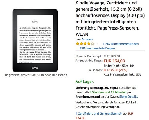 Kindle Voyage, Zertifiziert und generalüberholt, 15,2 cm (6 Zoll) hochauflösendes Display (300 ppi)  - jetzt 21% billiger