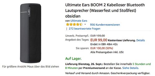 Ultimate Ears BOOM 2 Kabelloser Bluetooth Lautsprecher  - jetzt 24% billiger