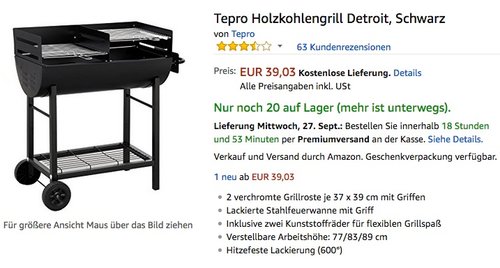 Tepro Holzkohlengrill Detroit, Schwarz - jetzt 56% billiger
