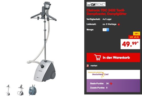 Clatronic TDC 3432 Textildampfcenter - jetzt 21% billiger