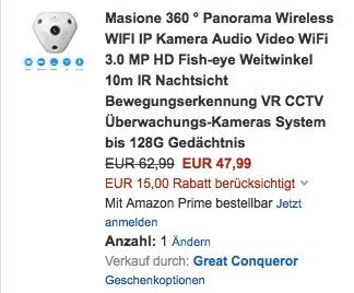 Überwachungskamera Masione 360 ° Panorama Wireless WIFI IP Kamera - jetzt 24% billiger Überwachungskamera Masione 360 ° Panorama Wireless WIFI IP Kamera - jetzt 24% billiger