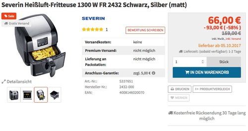 Severin FR 2432 Heißluftfritteuse, Edelstahl-gebürstet, Schwarz - jetzt 16% billiger Severin FR 2432 Heißluftfritteuse, Edelstahl-gebürstet, Schwarz - jetzt 16% billiger