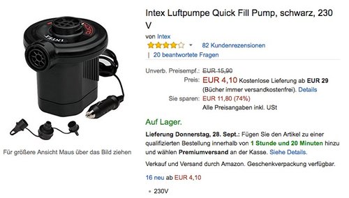 Intex Luftpumpe Quick Fill Pump, schwarz, 230 V  - jetzt 72% billiger