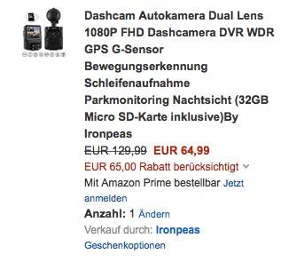 Dashcam Autokamera Dual Lens 1080P FHD Dashcamera DVR WDR GPS G-Sensor  - jetzt 50% billiger
