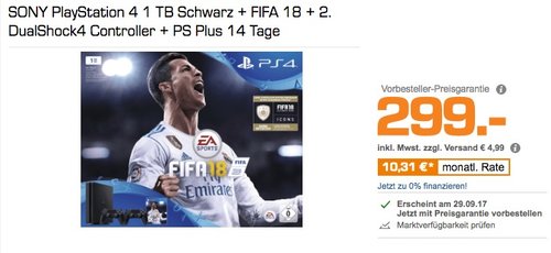 PlayStation 4 - Konsole (1TB, schwarz, slim) inkl. FIFA 18 + 2 DualShock Controller - jetzt 10% billiger PlayStation 4 - Konsole (1TB, schwarz, slim) inkl. FIFA 18 + 2 DualShock Controller - jetzt 10% billiger