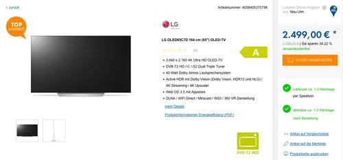 LG OLED65C7D 164 cm (65") OLED-TV  - jetzt 34% billiger LG OLED65C7D 164 cm (65") OLED-TV  - jetzt 34% billiger