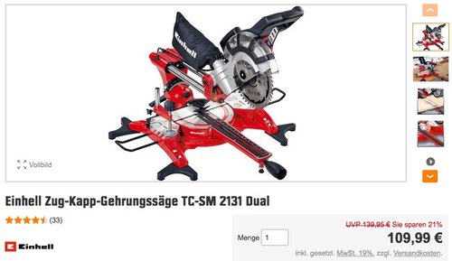 Einhell Zug Kapp Gehrungssäge TC-SM 2131 Dual - jetzt 25% billiger Einhell Zug Kapp Gehrungssäge TC-SM 2131 Dual - jetzt 25% billiger